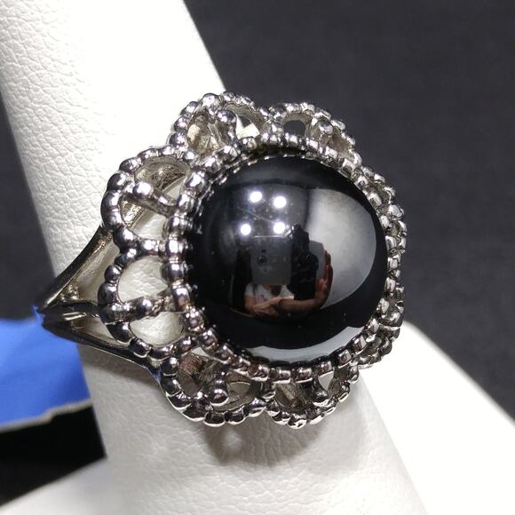 Whiting & Davis Faux Hematite Rhodium Ring US Size 7 Original Tags 1970s